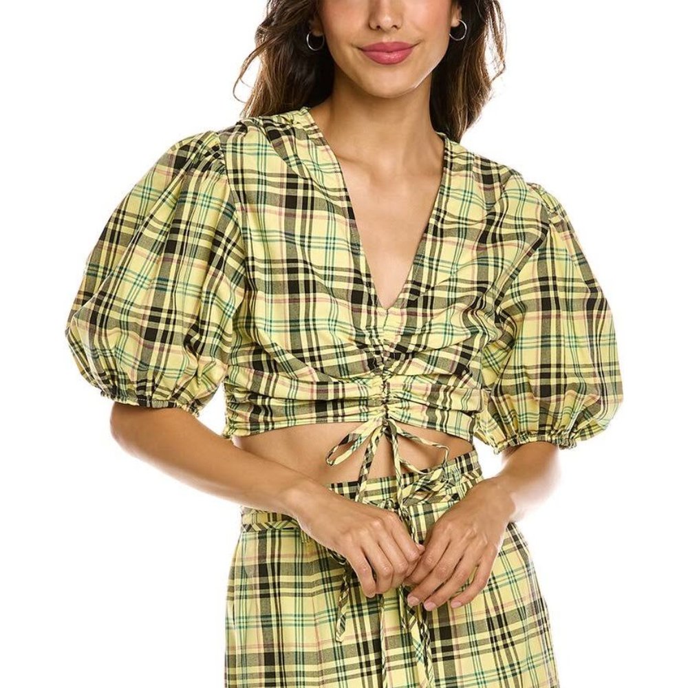 Derek Lam 10 Crosby Bella Crop Top Yellow Plaid Womens Size 6